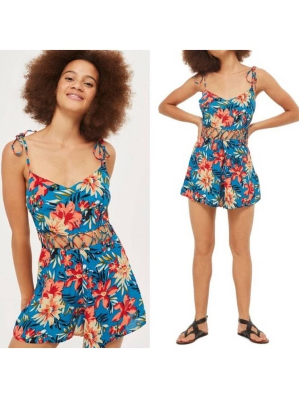 Topshop Floral Crisscross Waist Tropical Resort Romper Shorts